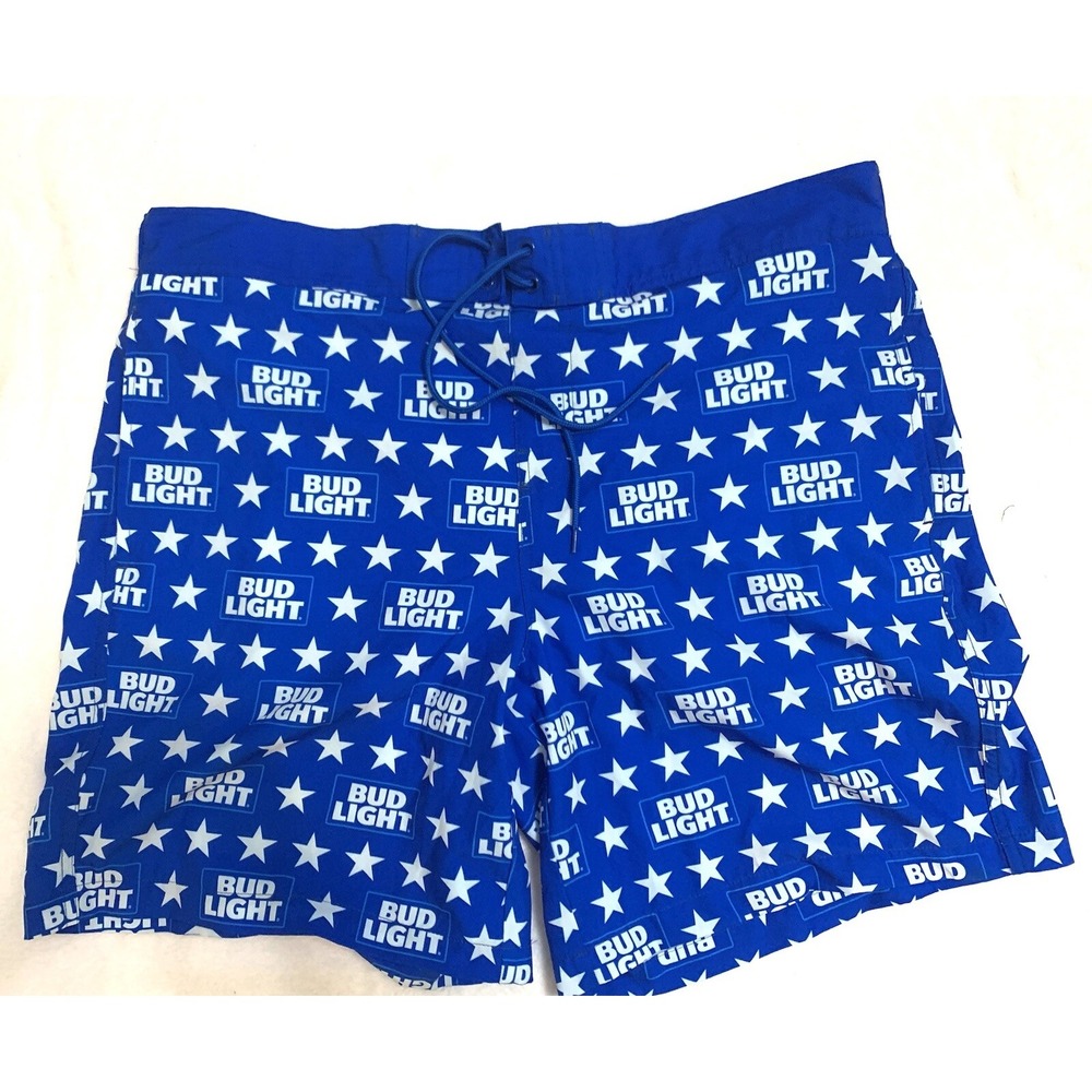 Bud Light Swim Trunks Shorts Mens XL Extra Large Blue Mesh Liner Stretch Waist
